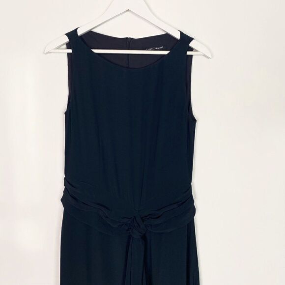 Luisa Cerano Navy Blue Draped Boat Neck Silk Blend Midi Dress - Picture 3 of 9